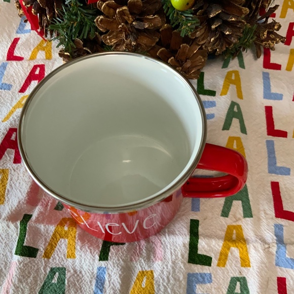 Red Enamel Holiday Mug, White Enamel Interior, White Lettering Believe New - Picture 2 of 5